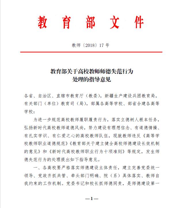 關(guān)于高校教師師德失范行為處理的指導(dǎo)意見(jiàn)