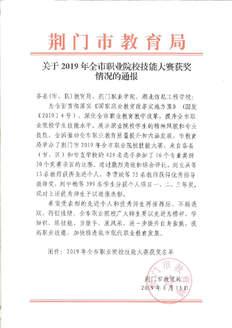 關(guān)于2019年全市職業(yè)院校技能大賽獲獎情況的通報（高職組）