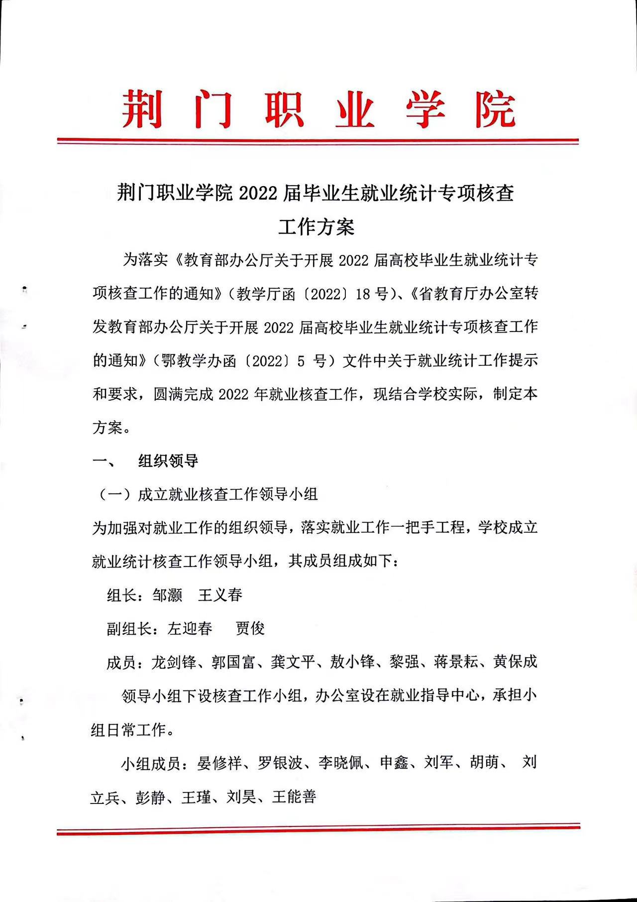 荊門職業(yè)學(xué)院2022屆畢業(yè)生就業(yè)統(tǒng)計專項核查工作方案