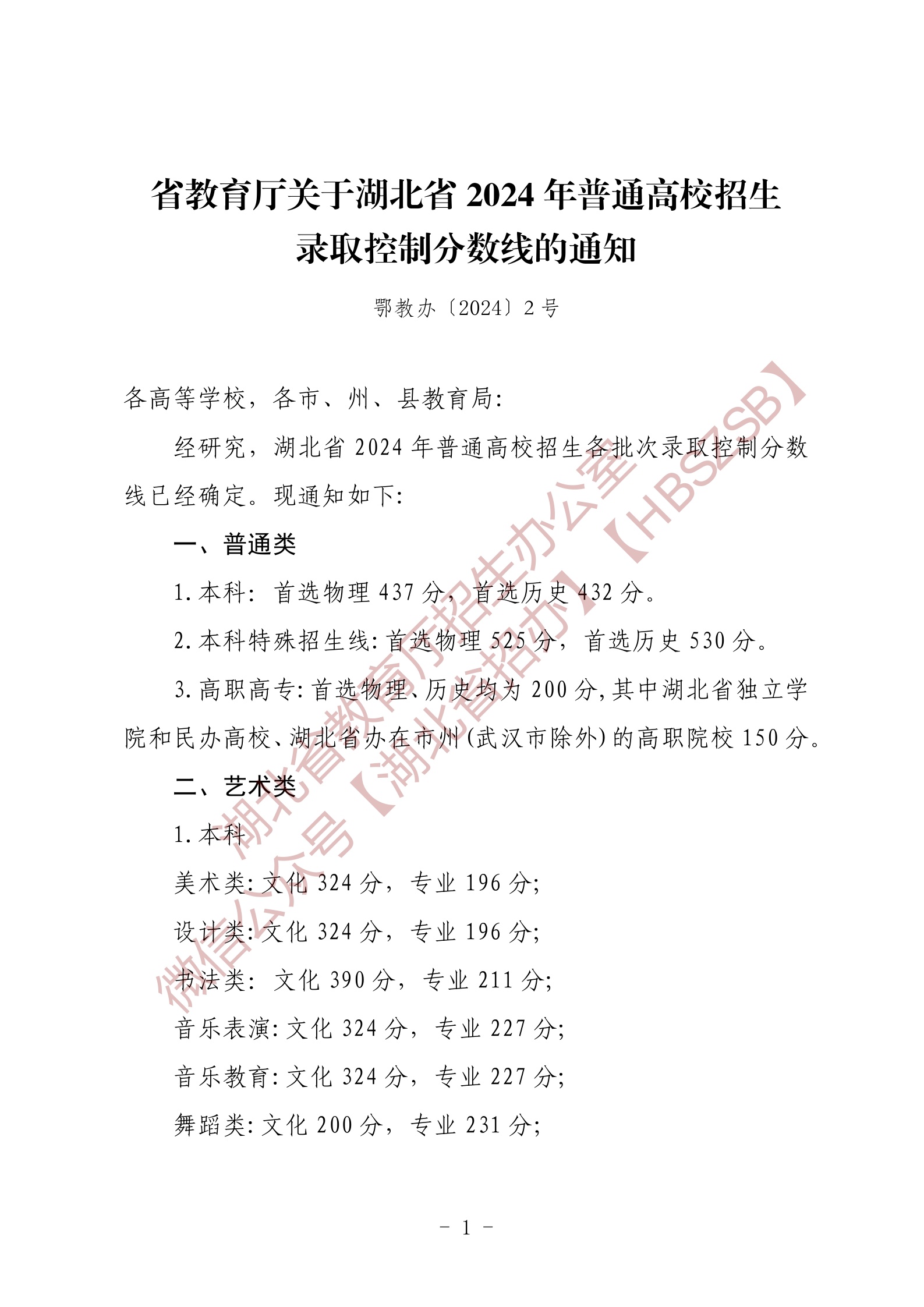 省教育廳關(guān)于湖北省2024年普通高校招生錄取控制分?jǐn)?shù)線的通知